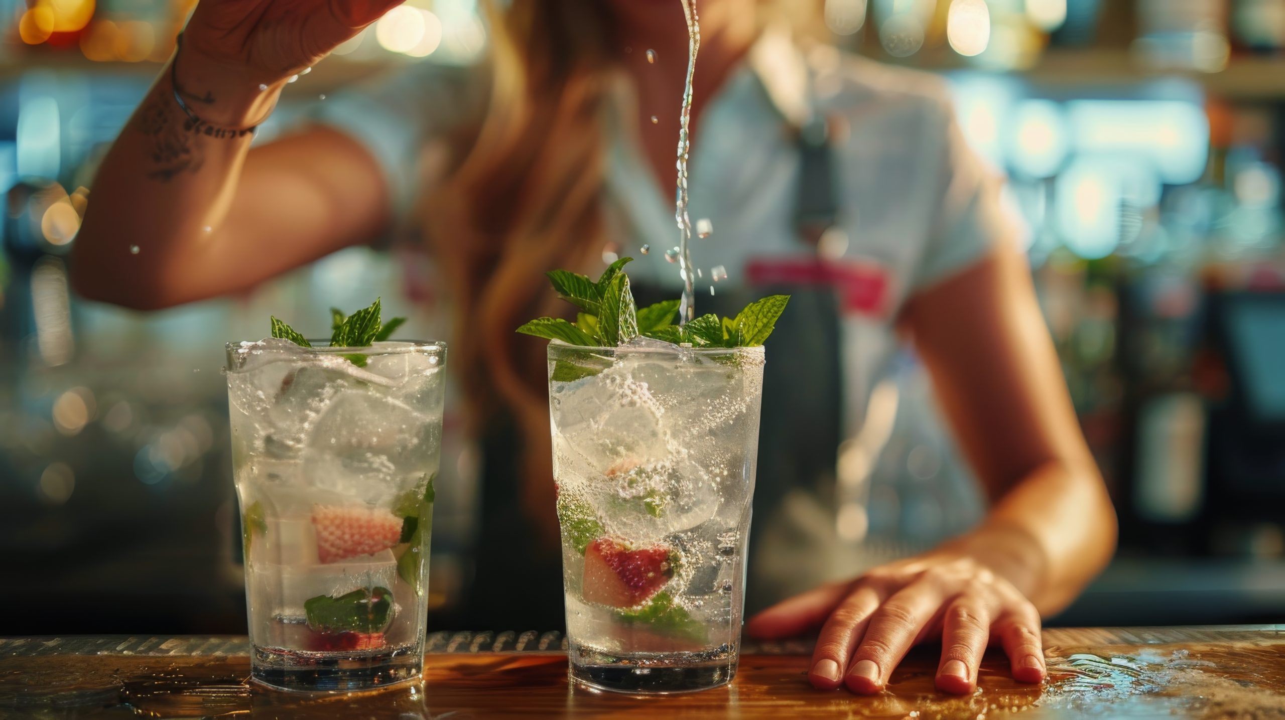 woman-pouring-drink-into-two-glasses-311373555